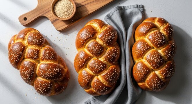 Three braided challah breads with sesame seeds on a grey surface