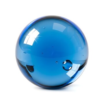 A shiny blue glass sphere with a small water bubble inside isolated on white background