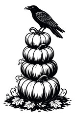 Fototapeta premium Hand drawn line art illustration of a crow depicting perching on a stack of pumpkins for Halloween