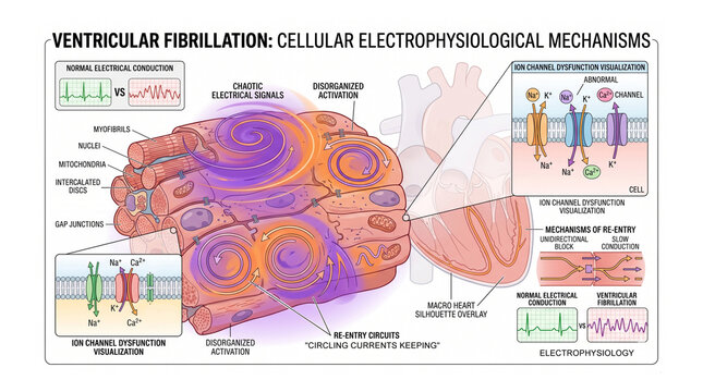 Ventricular Fibrillation: Cellular Electrophysiological Mechanisms - Ion Channel Dysfunction, Re-Entry Circuits, and Chaotic Electrical Signals Medical Visualization
