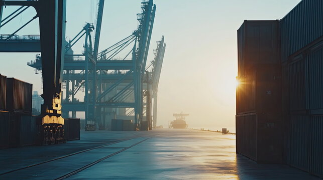 Maritime trade and logistics operations taking place at a busy terminal with gantry cranes moving shipping containers against a bright morning sky, highlighting global supply chain activity