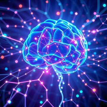Cervello digitale luminoso in una rete neurale astratta, concetto di intelligenza artificiale e machine learning, rendering 3D	