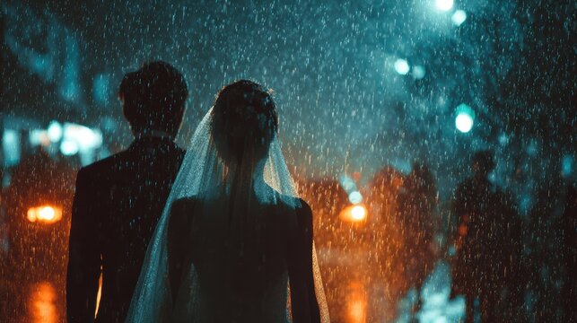 Happy Wedding couple in rain,london or paris,Young joyful bride and groom emotionally dancing,honeymoon and romantic time,valentine,sweet moment,copy space.