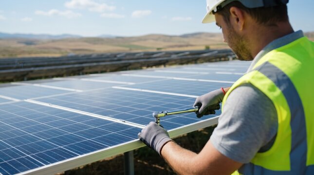 Technician in safety vest installing photovoltaic solar panels at outdoor farm using wrench tool, renewable energy infrastructure construction, manual labor and green electricity