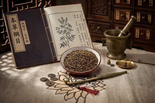 Raw Cassia Seeds (Sheng Jue Ming Zi) for eye health with ancient medical books, brass mortar and traditional landscape screen (generative AI background)