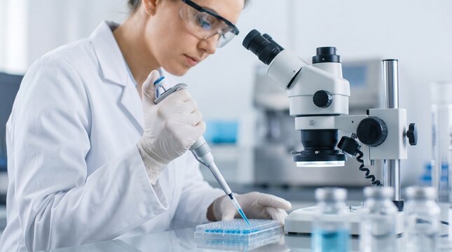 Female scientist in white coat and safety glasses using micropipette to transfer liquid sample into multiwell plate under microscope for laboratory research, biotechnology