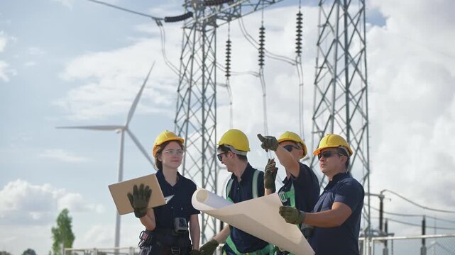 Engineers wearing safety helmets and jackets inspecting a wind turbine at wind farm at sunset. Concept renewable energy, sustainable technology wind power maintenance and environmental engineering.