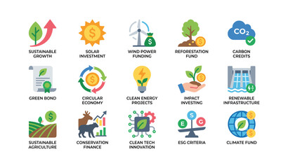 Fototapeta premium Sustainable finance icons showing green investment and projects