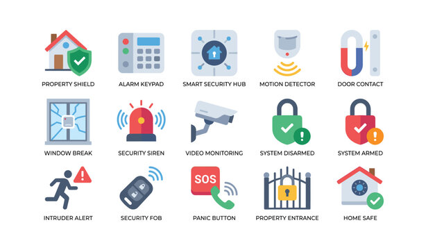 Home security icons showing alarm and monitoring devices on white