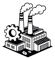 Obraz premium Isometric line art illustration of an industrial factory depicting production with a gear for manufacturing concepts