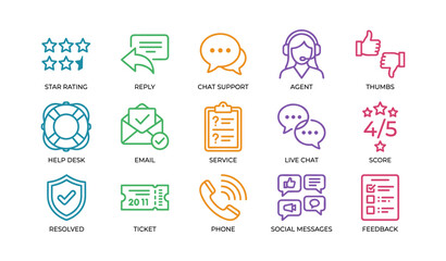 Fototapeta premium Customer support icons showing feedback and help on white background