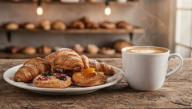 Warm Coffee and Fresh Pastries on Rustic Table with Bakery Backdrop