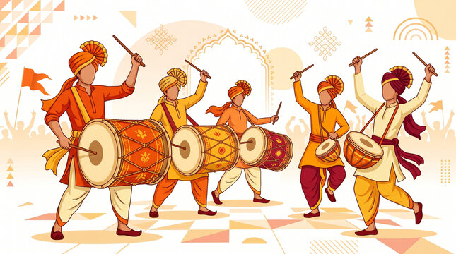 men playing traditional Dhol Tasha drums at a Marathi festival