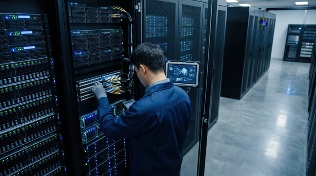 IT technician in blue uniform maintaining server racks and network cables in modern data center room, cloud computing infrastructure management, cybersecurity concept, database