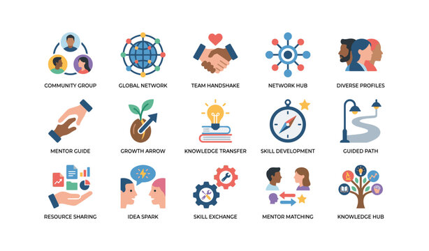 Community and mentorship icons depicting networking and learning