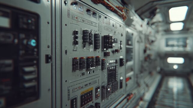 Spaceship interior featuring an advanced control panel filled with switches, buttons, and detailed indicators, reflecting concepts of science fiction, innovation, and space exploration