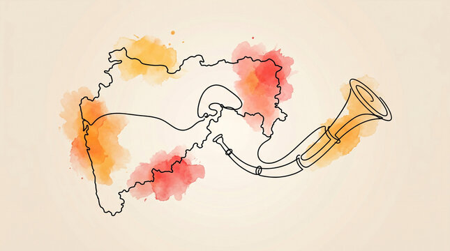 Maharashtra Day background with Tutari and state map line art