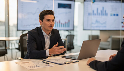 Fototapeta premium Young businessman discuss finances in modern office with data on screens