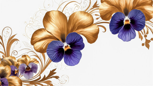 Neutral gray background, floral purple flowers, bronze gold vine circle frame, copy space
