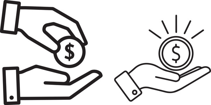 Illustration of two hands exchanging coins with dollar signs one glowing exchanging transfer