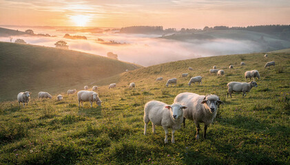 Fototapeta premium Sunrise Over Rolling Hills with Sheep Graze in Grassy Pasture Fog