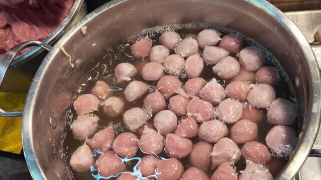 Boiling Fish Balls in Soup Pot Phuket Thailand 4K