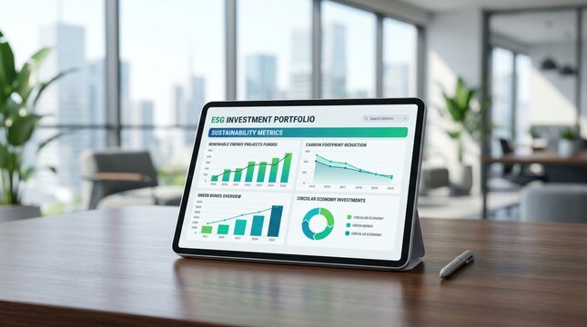 ESG investment portfolio sustainability metrics displayed on tablet screen, green finance data visualization, carbon footprint reduction graph, circular economy investments chart,