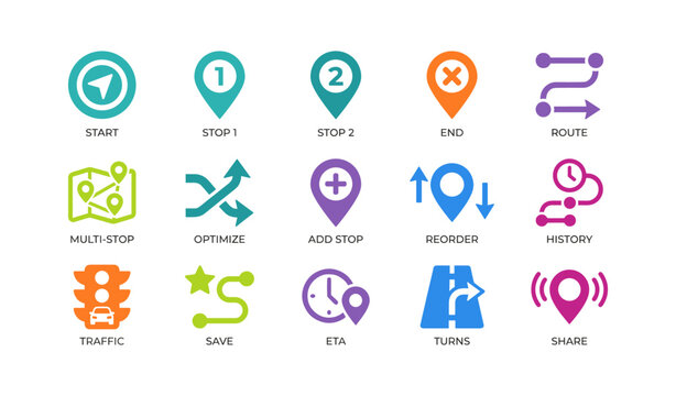 Navigation and route icons arranged in rows on white background