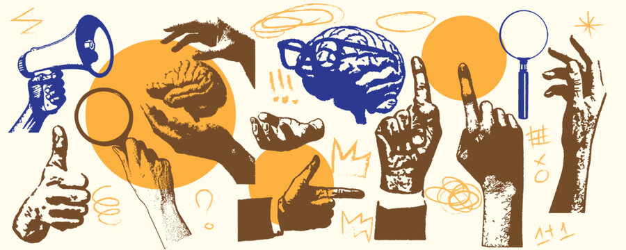 Retro grunge human hands holding a megaphone, giving thumbs up, pointing, with brain and magnifying glass cutouts in colorful halftone dot texture, hand-drawn scribbles
