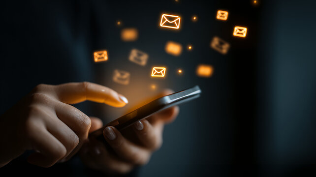 Woman Using Smartphone with Glowing Email Icons Overlay, Digital Communication and Email Marketing Concept