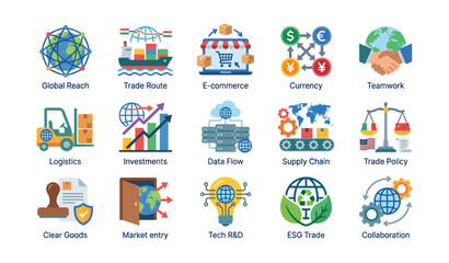 Fototapeta premium Global trade and logistics icons arranged in grid on white background