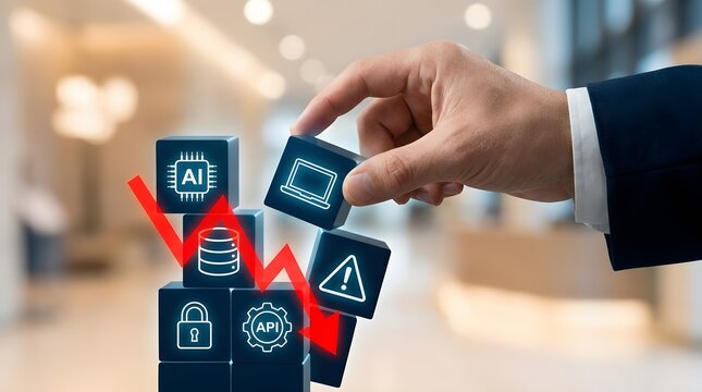 Hand arranging blue glowing blocks with business icons near a falling arrow