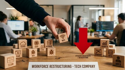 Fototapeta premium Hand removing a wooden block from a stack causing a red arrow to drop