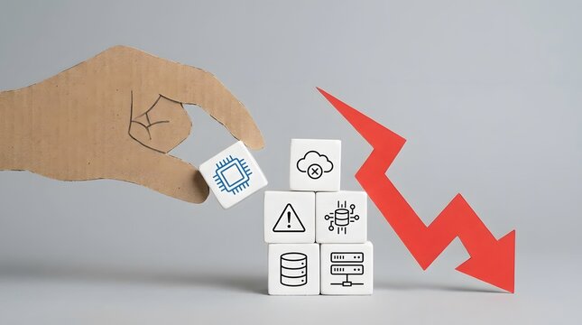 Hand dropping a block from a crumbling pyramid with a red arrow