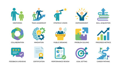 Fototapeta premium Training and leadership icons displayed in grid on white background