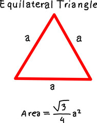 Equilateral triangle diagram with equal sides labeled a and area formula, ideal for geometry lessons, math education, and visual learning resources. © Akmalmm 