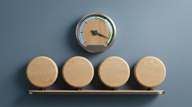 Row of blank wooden coins sitting under a speedometer gauge graphic