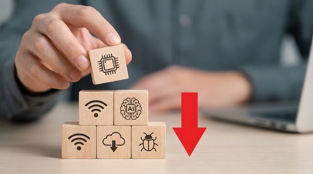 Hand building a pyramid of wooden blocks with a falling red arrow