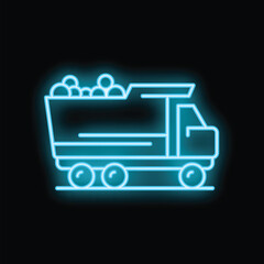Glowing neon blue mining dump truck carrying stones icon isolated on a black background © ylivdesign
