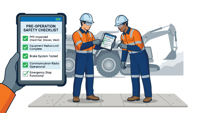 Pre Operation Safety Checklist Vector Illustration with Construction Workers Inspecting Heavy Machinery in Industrial Setting
