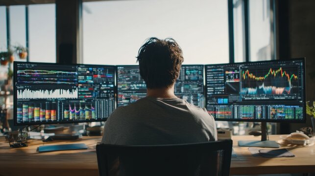 Trader at Work: A lone trader intently analyzes financial data displayed across multiple computer monitors in a modern office setting. capturing the focus and intensity of the stock market.