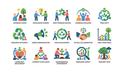 Fototapeta premium Teamwork icons illustrating sustainability and collaboration on white