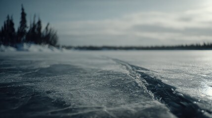 Obraz premium Expansive frozen lake with a dramatic crack crossing glassy ice, reflecting soft winter light beneath a clear sky and distant forested horizon, serene and untouched