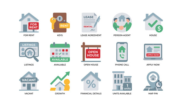 Real estate and rental icons depicting leasing process and listings