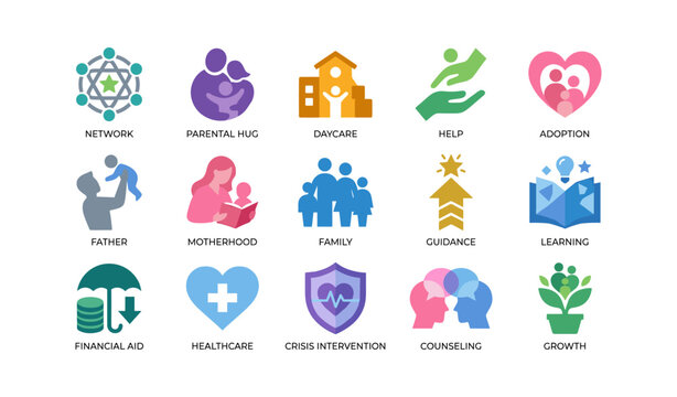 Family support and community service icons on white background