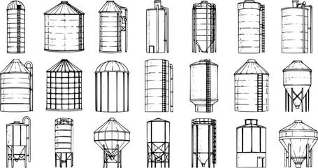 Farm Silo Sketches: Hand-Drawn Collection of Grain Storage Structures © abenail