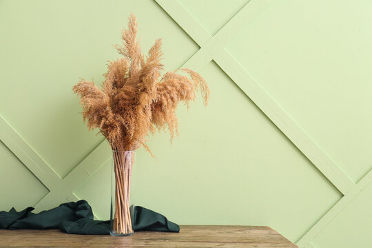 Vase with dry reeds on wooden table against color wall