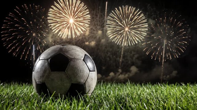 Soccer Ball on Pitch with Golden Fireworks in Night Sky Representing Championship Victory and Grand Finale Celebration