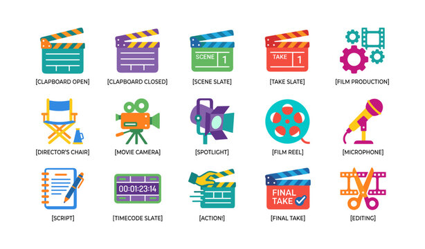 Film production and filmmaking icons arranged on white background