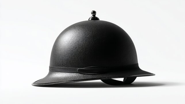 A black vintage pith helmet with a chin strap on a white background